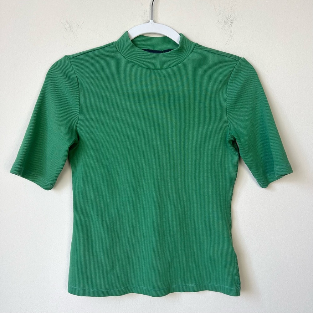 Anthropologie Green Short Sleeve Mock Neck Top